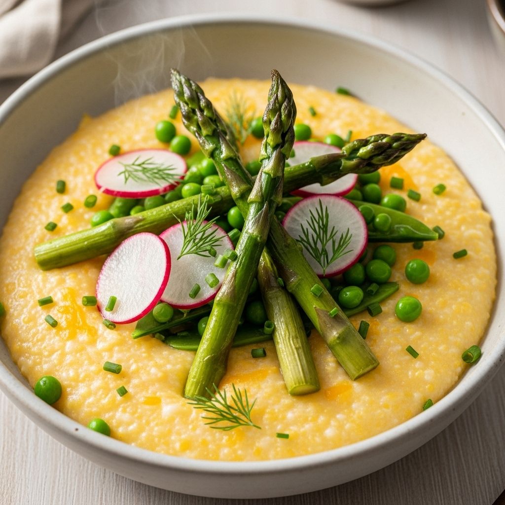 A creamy base meets roasted produce for a vibrant dish that celebrates seasonal flavors.