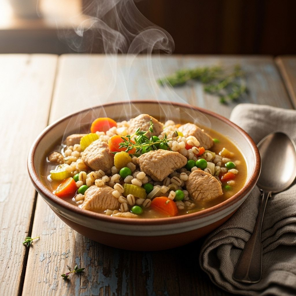 A nourishing one-pot meal that melds hearty grains and savory broth in every spoonful.