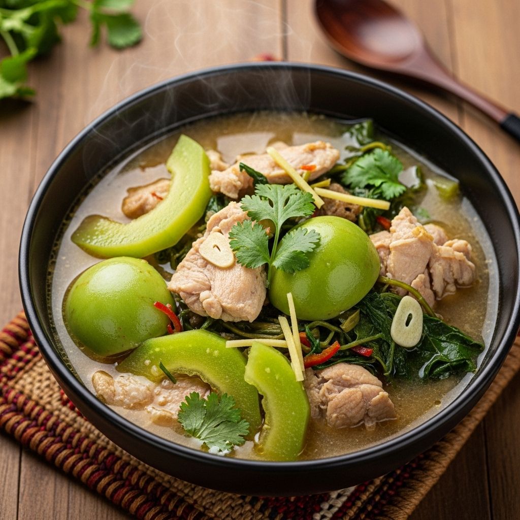 A cozy Filipino soup that highlights the natural sweetness of coconut and aromatic herbs.