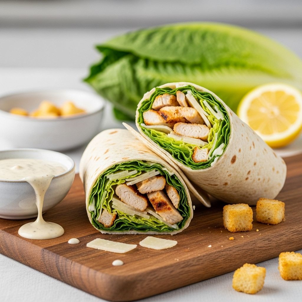 Crisp greens meet seasoned protein and tangy dressing for a fresh, handheld flavor burst.