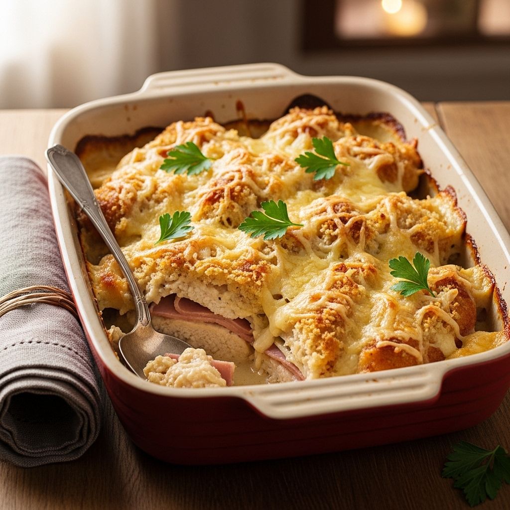 Tender chicken and savory ham meld into a cheesy embrace beneath a golden crunch.