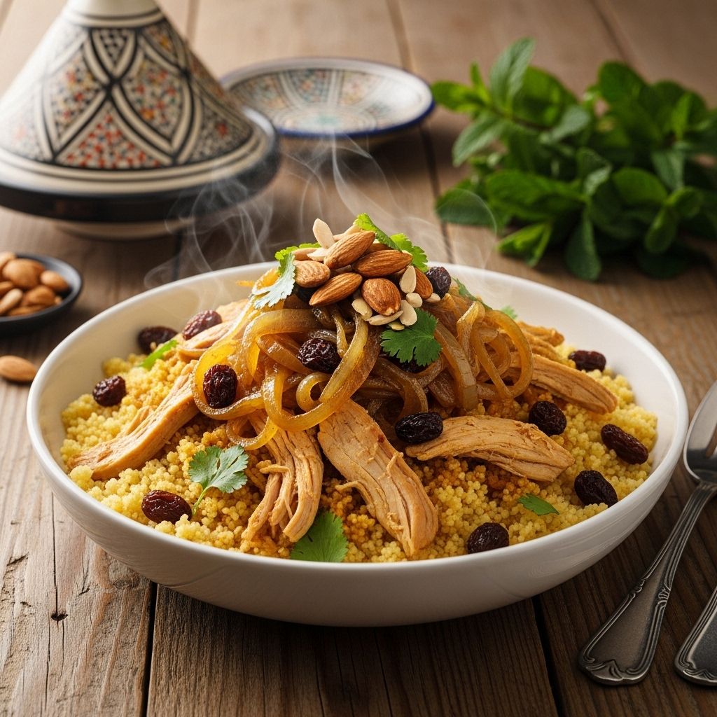 Sweet onions, spiced chicken, and airy couscous unite in a celebratory Moroccan classic.
