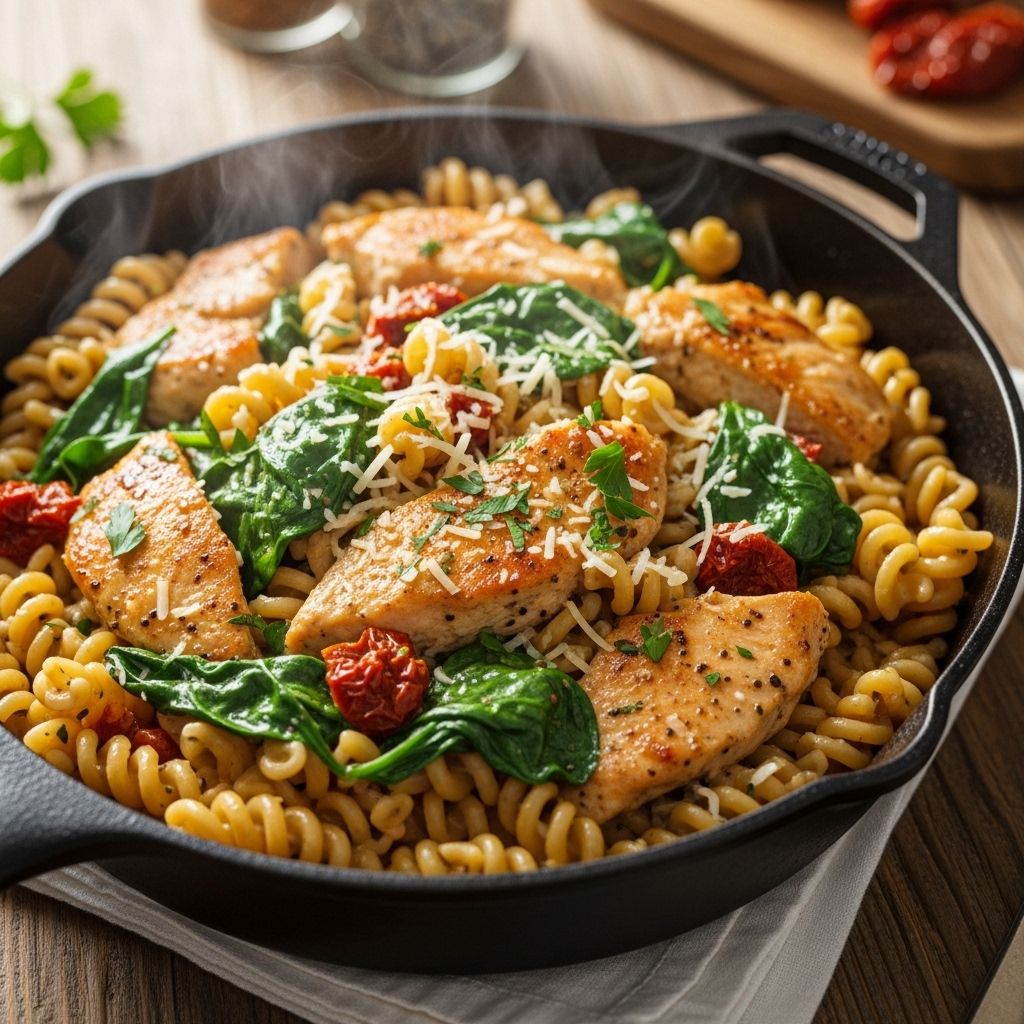 Silky wine sauce and fresh spinach elevate this creamy weeknight dinner with ease.