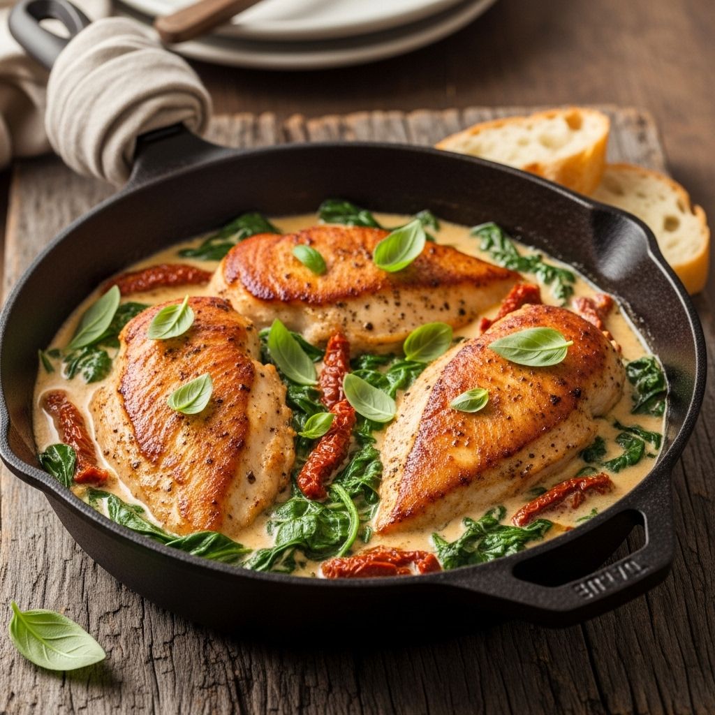 Golden seared chicken meets creamy spinach sauce for an effortless weeknight feast.