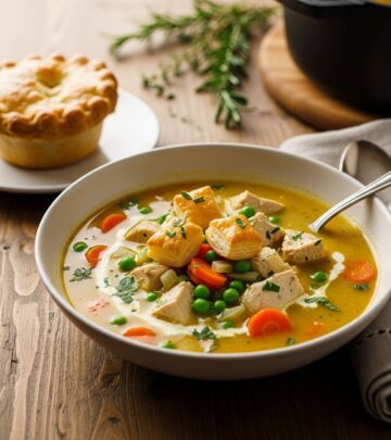 Tender vegetables and savory broth meet crispy cheddar shards for an indulgent meal.