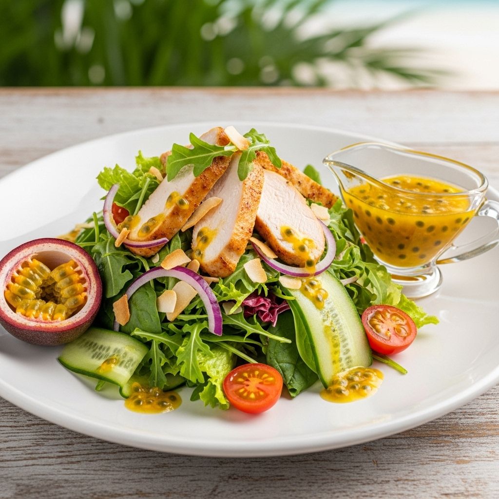 Brighten up your meals with this zesty salad featuring sautéed chicken, crisp greens, and a luscious passion fruit vinaigrette.