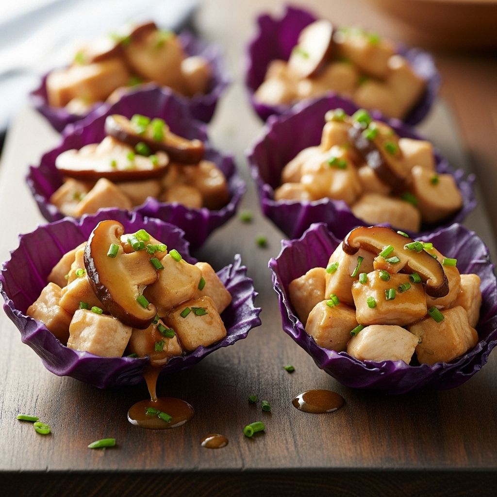 Discover a vibrant, nutrient-packed dinner combining protein-rich chicken and savory shiitake mushrooms served in crunchy red cabbage cups.