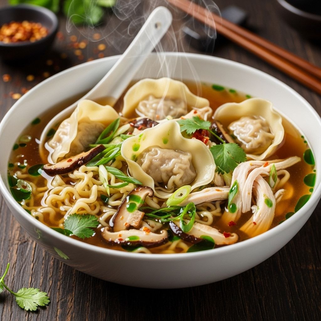 A soul-warming bowl that marries rich umami broth with tender dumplings and chewy noodles.