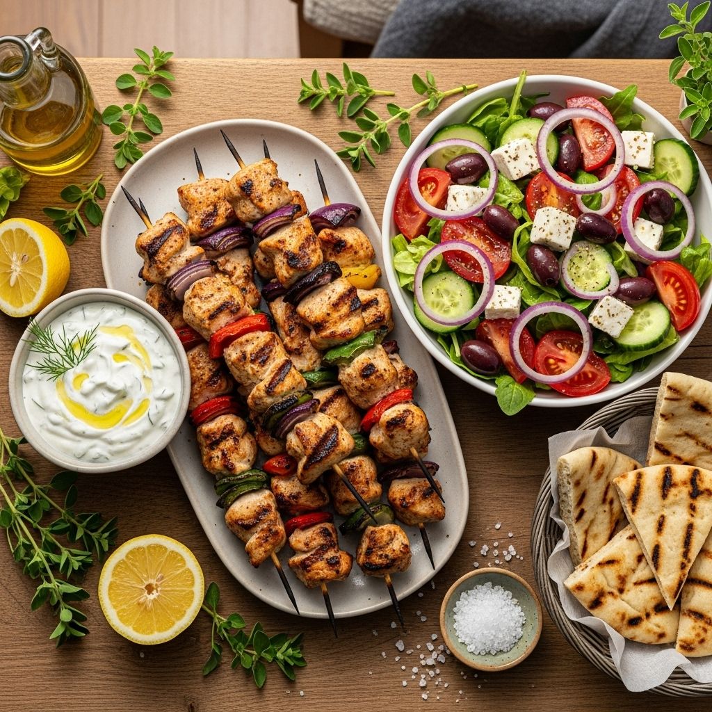 Marinated skewers with creamy yogurt dip and veggies deliver bright Mediterranean flair.