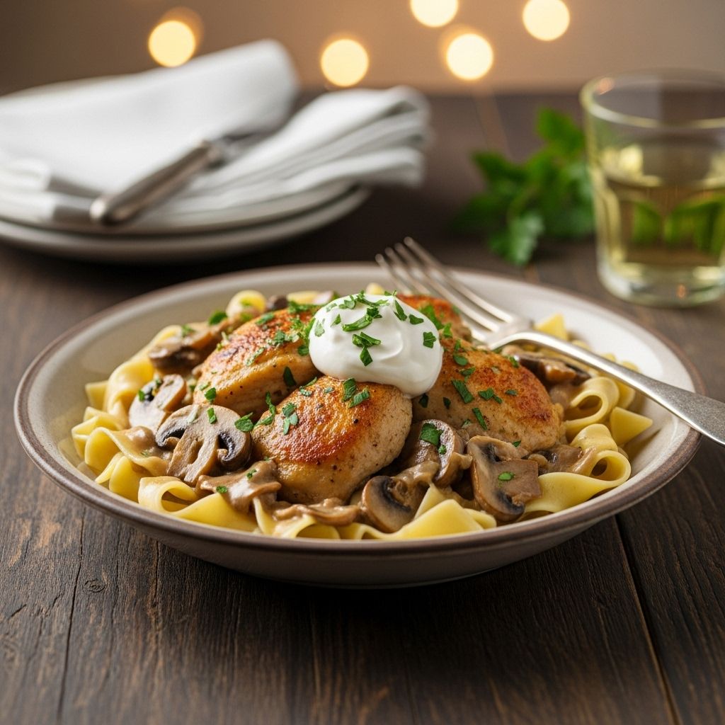 Mushrooms and tender chicken thighs blend into a creamy sauce for a satisfying dinner.