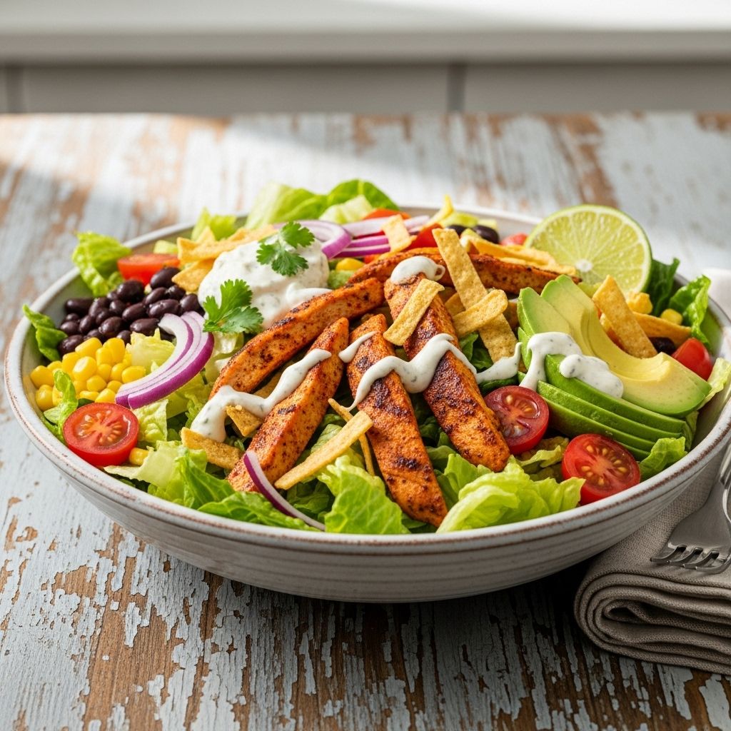 Enjoy a vibrant meal with crisp veggies, creamy avocado, and a zesty ranch-salsa kick.