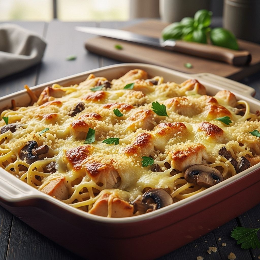 A comforting pasta bake with tender chicken, mushrooms, peas, and a crispy panko topping.