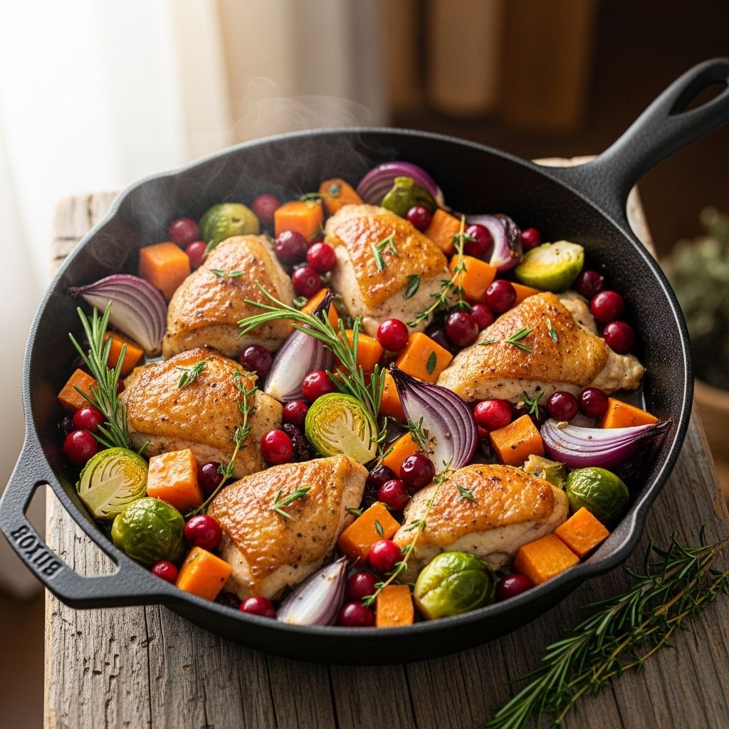 A one-pan dish pairing spiced meat with squash and sprouts for cozy autumn meals.