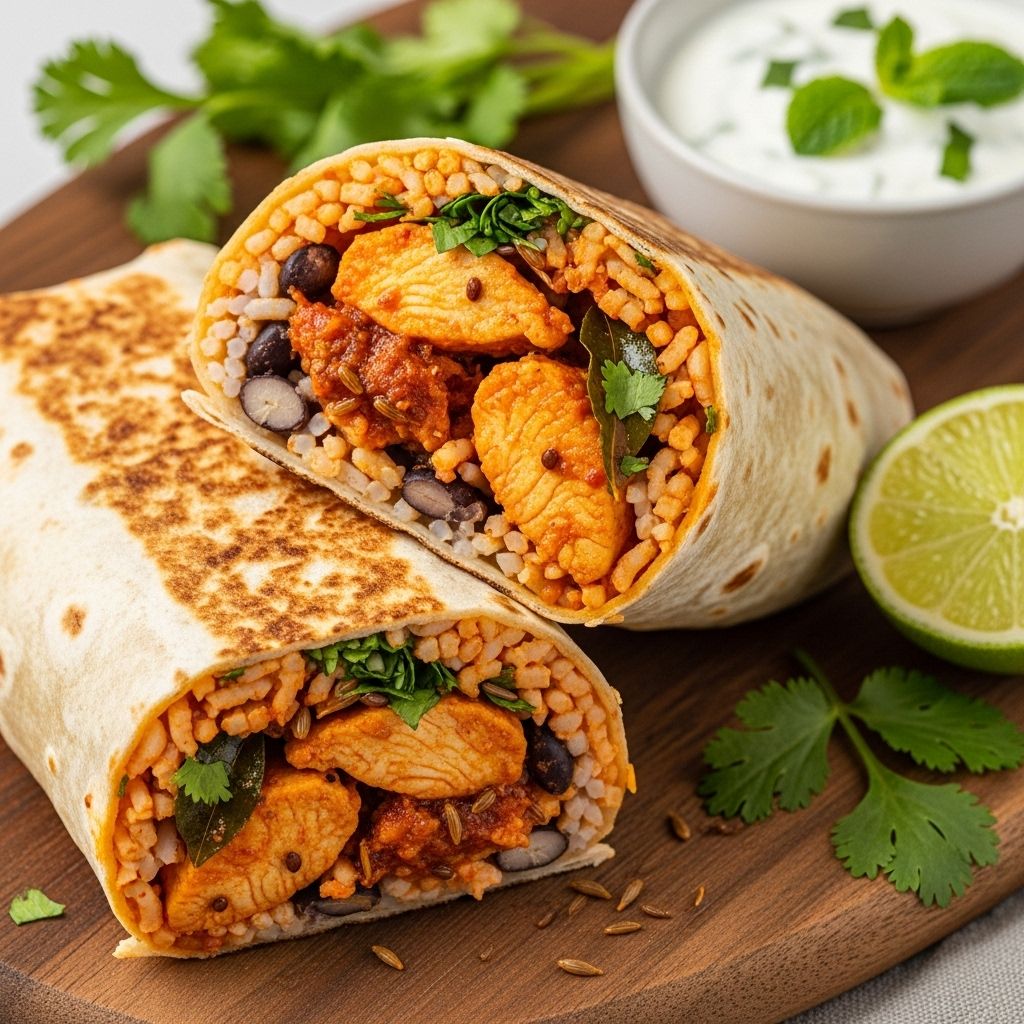 Chicken Vindaloo Burritos: A Fusion of Indian Spice and Street Food Comfort A handheld meal that balances fiery spice with cooling, creamy elements.