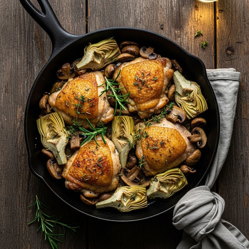 Earthy mushrooms and briny artichokes elevate juicy chicken in an easy skillet feast.