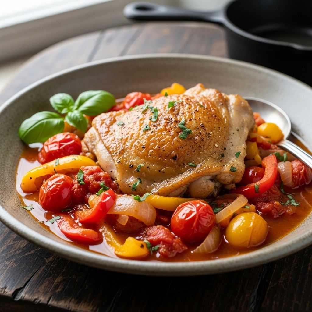 This quick chicken recipe with stewed peppers and tomatoes makes for a vibrant, healthy dinner you can whip up in just 25 minutes.