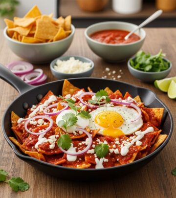 A bold mix of crunchy chips, zesty salsa, and creamy toppings brings breakfast to life.