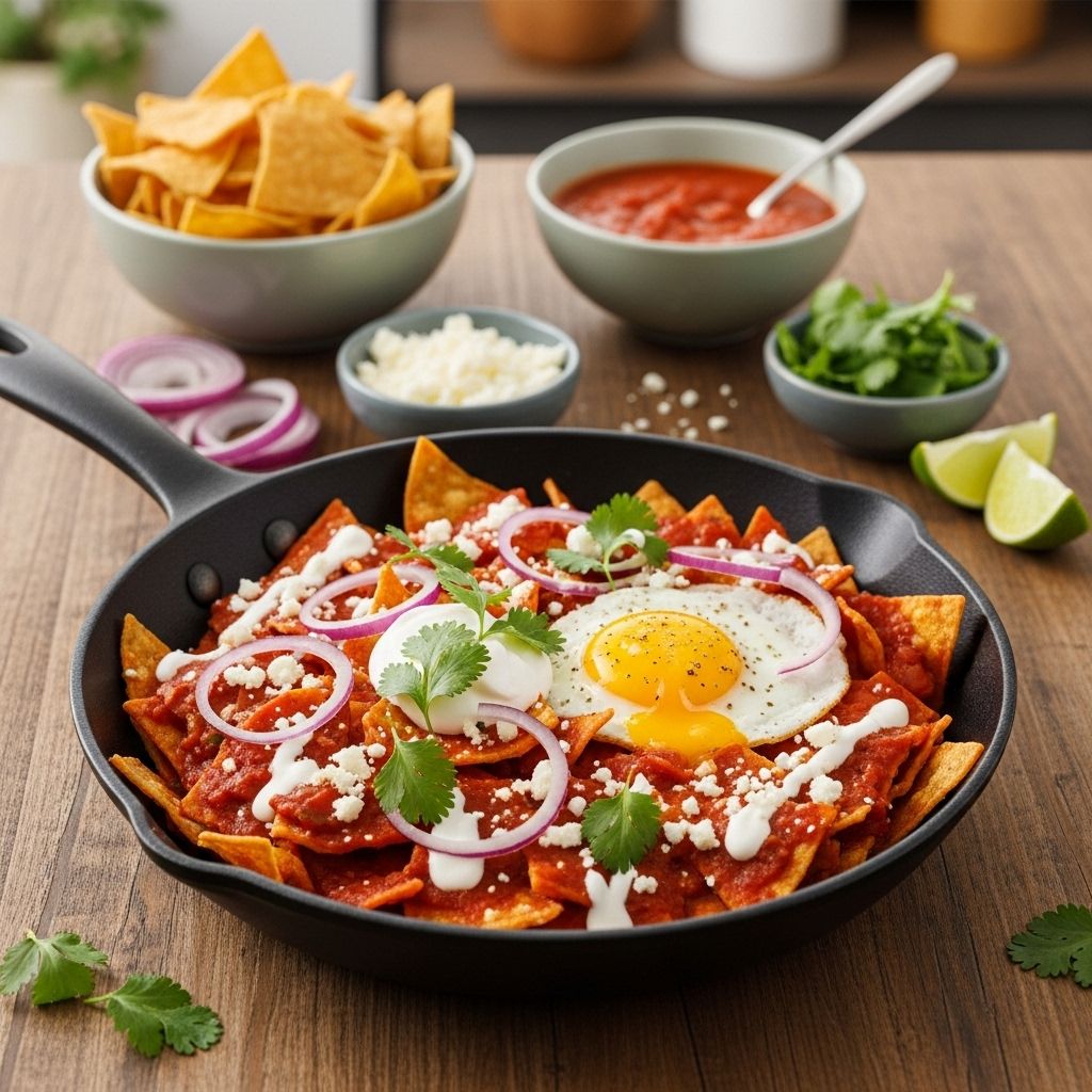 A bold mix of crunchy chips, zesty salsa, and creamy toppings brings breakfast to life.