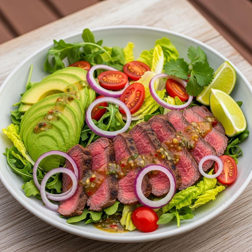 A zesty fusion of marinated steak and crisp veggies delivers bold flavor and crunch.