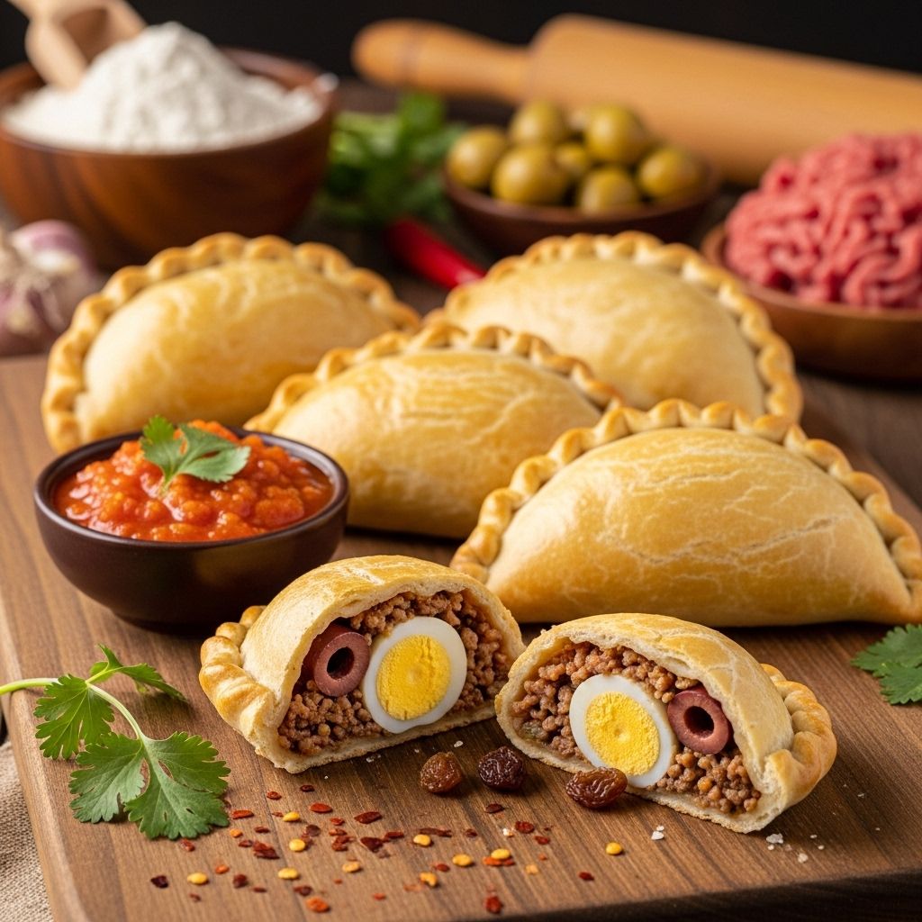 Experience the blend of savory filling, sweet raisins, and briny olives in flaky pastry.