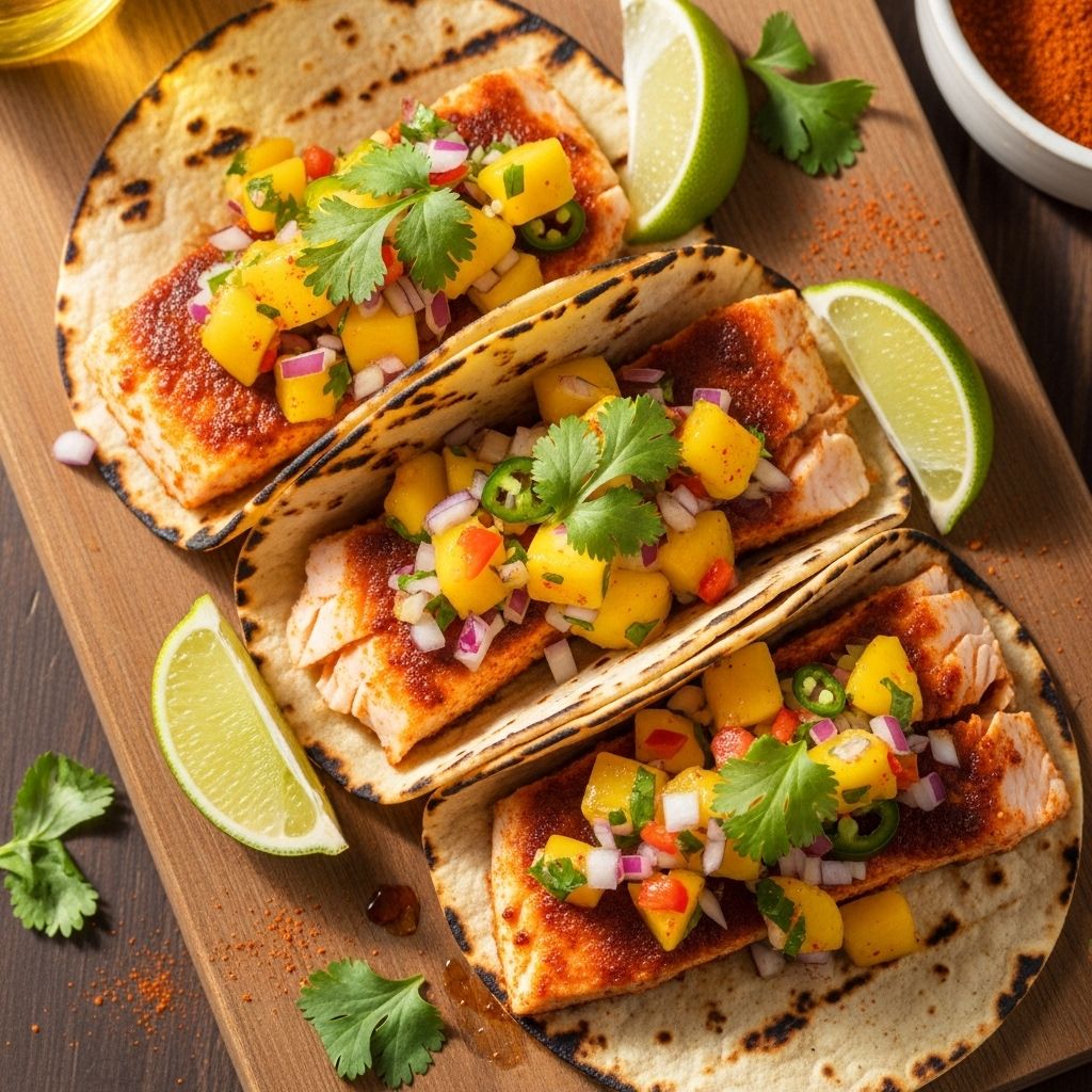 Experience seaside flair with flaky fish topped by charred fruit and zesty spice.
