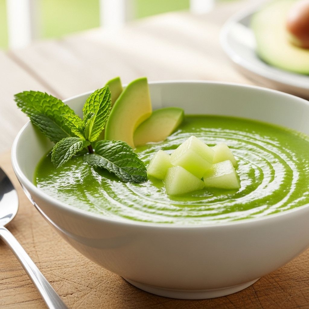 Discover a silky, hydrating chilled honeydew soup recipe with mint, avocado, and a spicy kick—perfect for warm weather dishes.