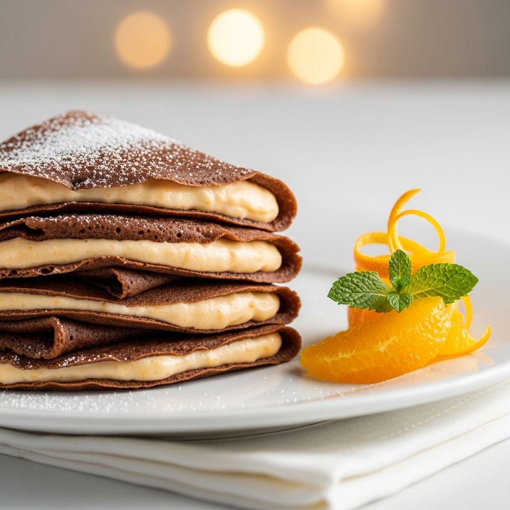 Silky cocoa pancakes embrace a tangy whipped center for a luxurious morning indulgence.