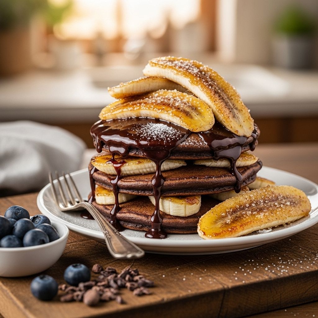 Sweet caramelized bananas bring rich, buttery contrast to fluffy cocoa-infused pancakes.