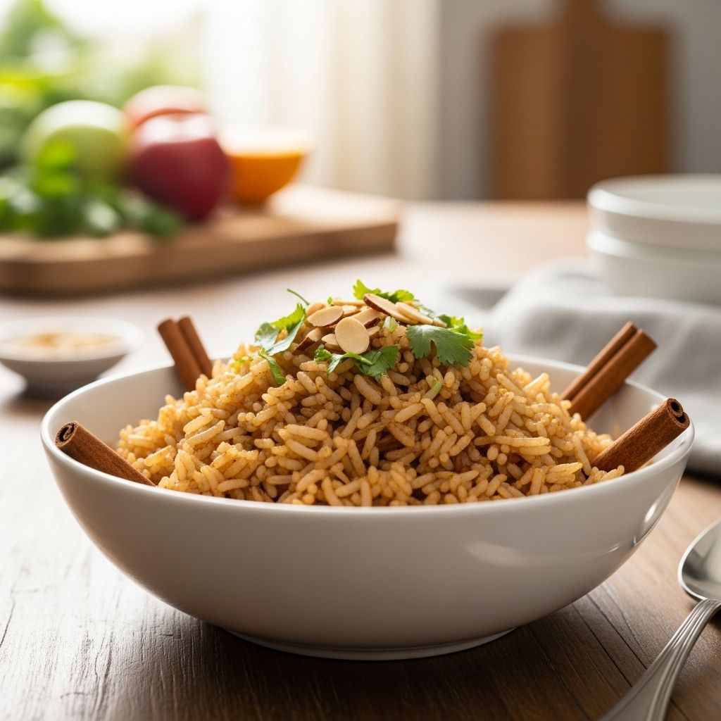 Elevate your meals with this nutritious cinnamon-spiked rice, a hearty and aromatic side that combines global flavors and vibrant toppings.