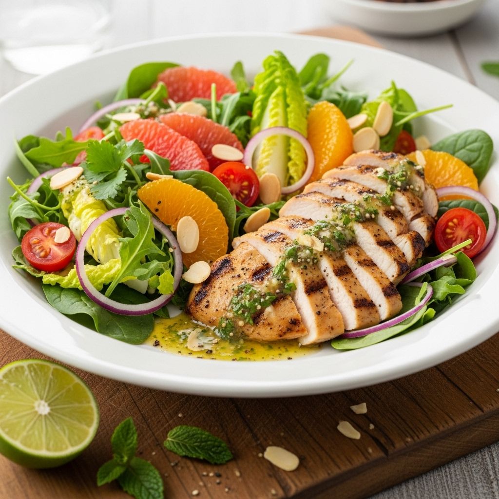Brighten your meal with a vibrant citrusy grilled chicken salad packed with antioxidants, protein, and fresh flavors.