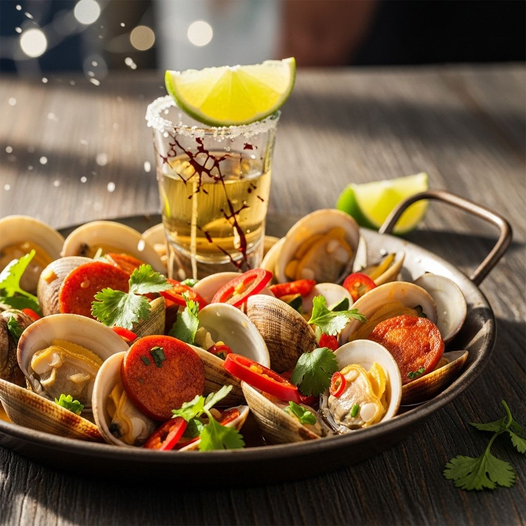 Smoky sausage meets briny shellfish in a vibrant fusion that awakens the palate.