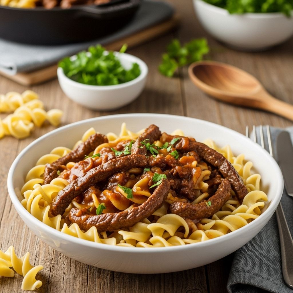 Comfort in every spoonful, with tender meat, savory mushrooms, and silky pasta.