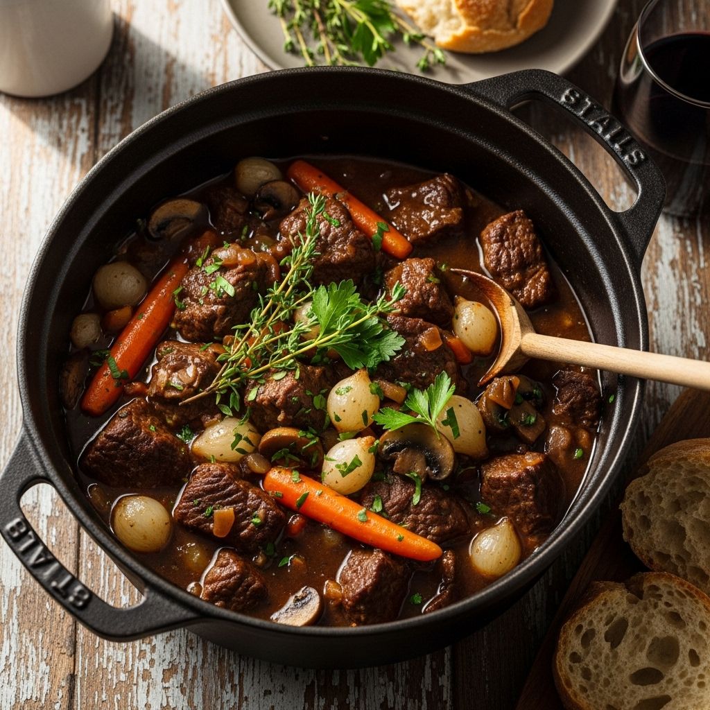 Sautéed mushrooms and slow-braised chuck roast meld in wine for a deeply savory finish.