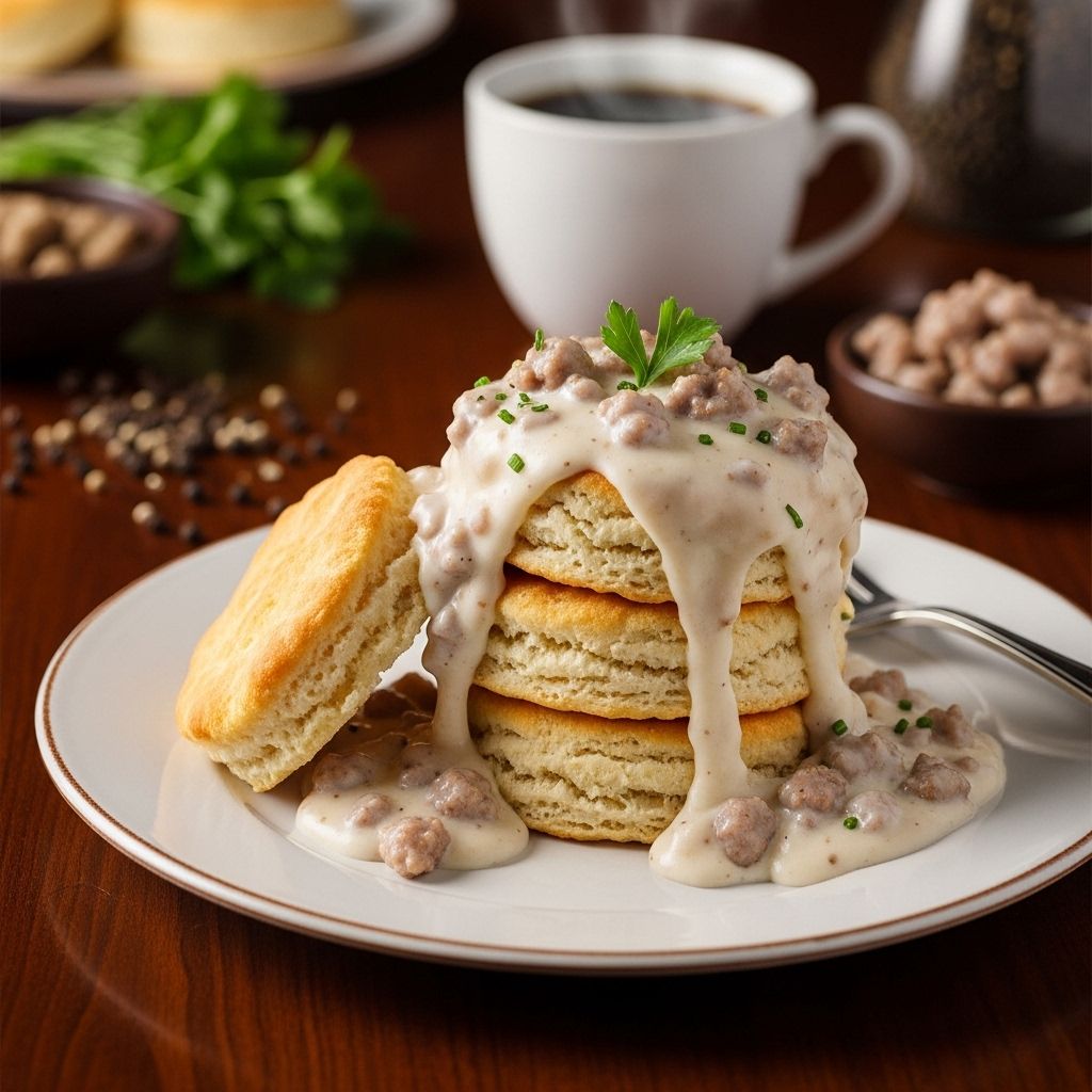 Flaky rounds paired with creamy sausage sauce deliver the ultimate comfort in every bite.