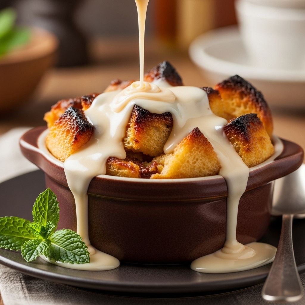 Day-old sourdough transforms into a golden custard topped by a silky, boozy drizzle.