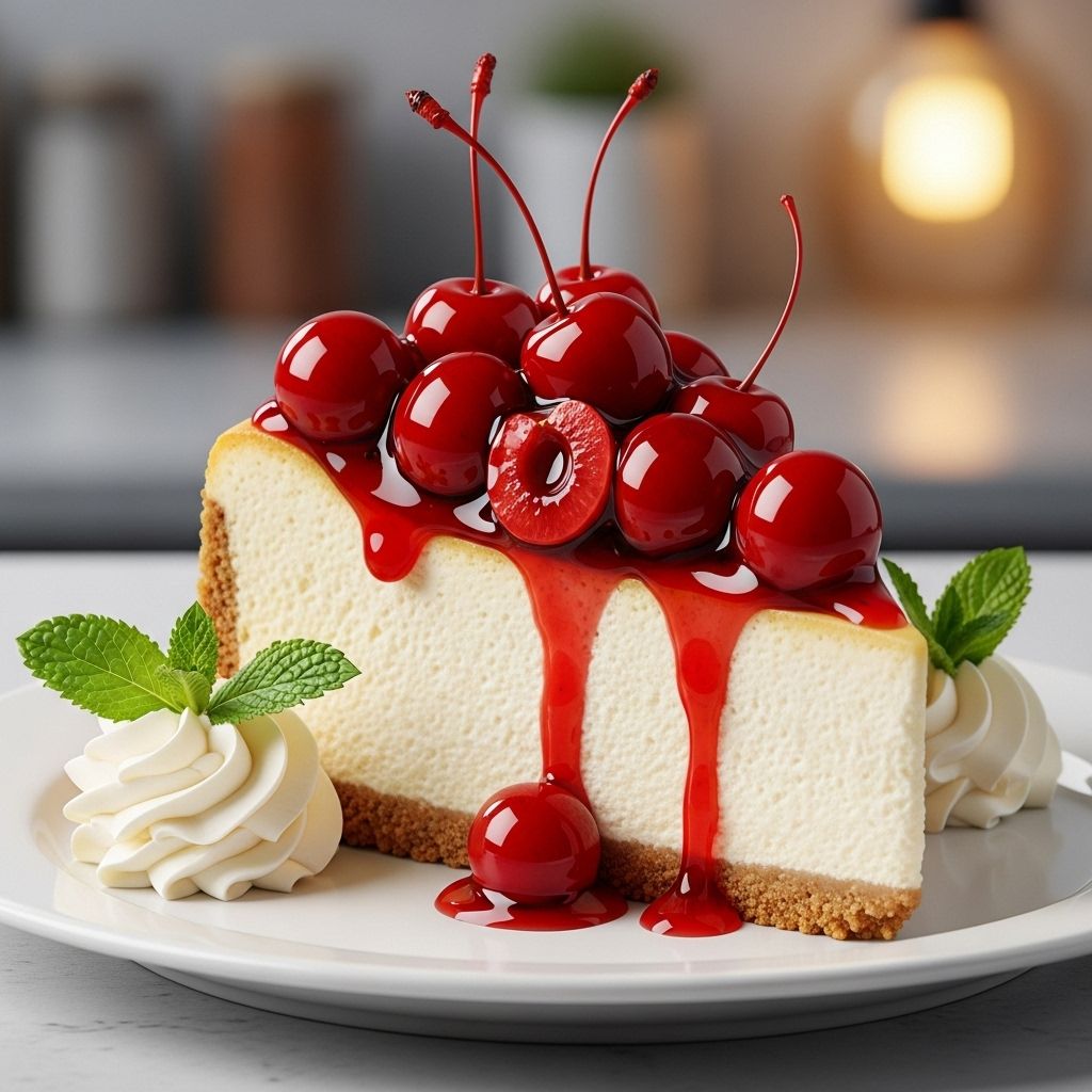 Silky cream cheese melts into a crisp chocolate crust under a vibrant cherry compote.