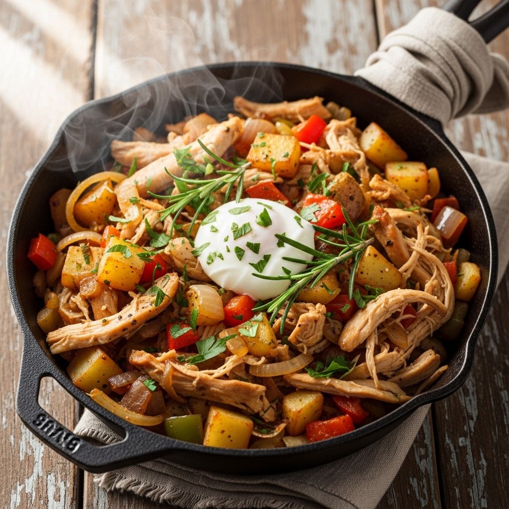 Golden potatoes and tender meat form a versatile skillet dish that suits any meal.