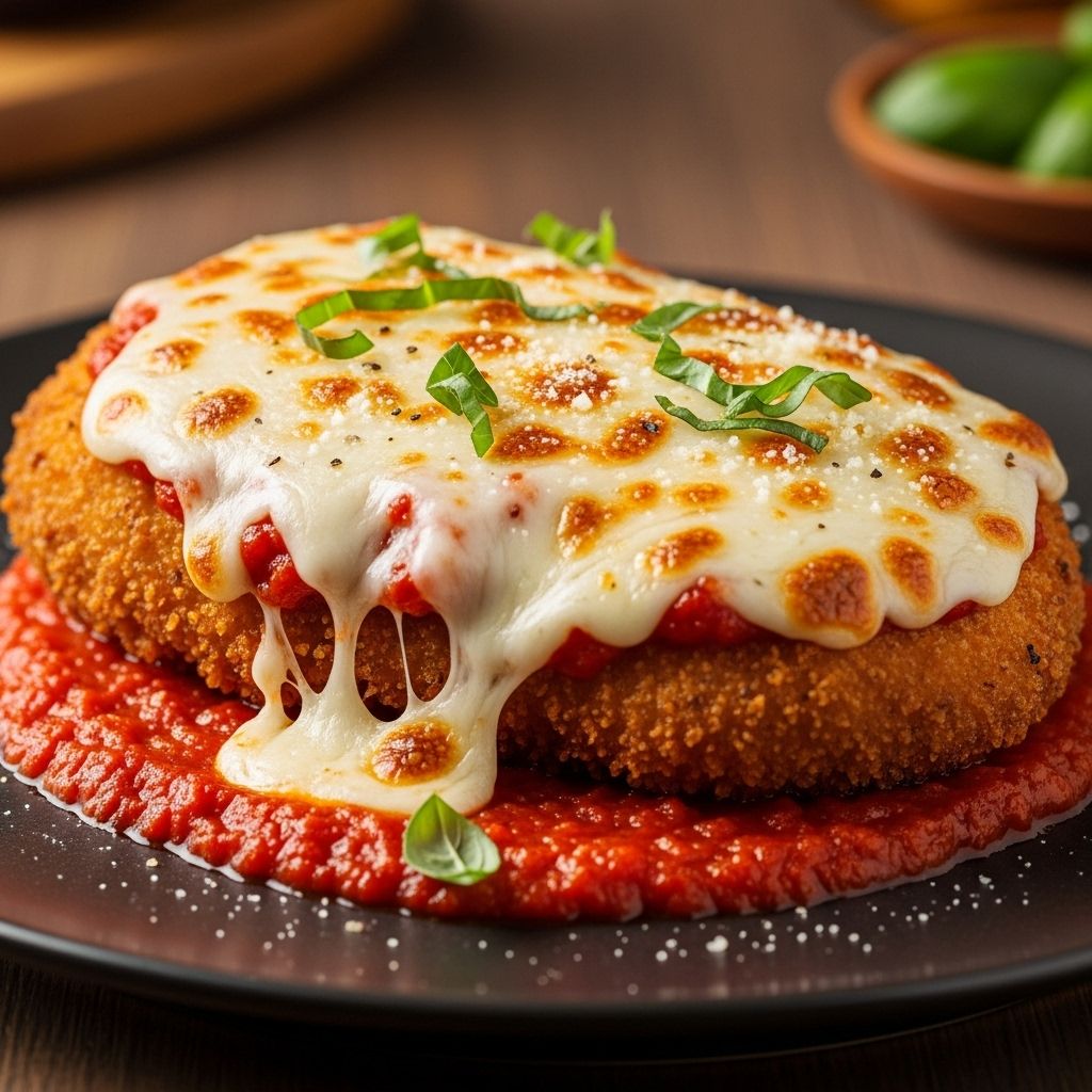 Molten mozzarella over golden cutlets in tangy tomato sauce offers pure comfort.