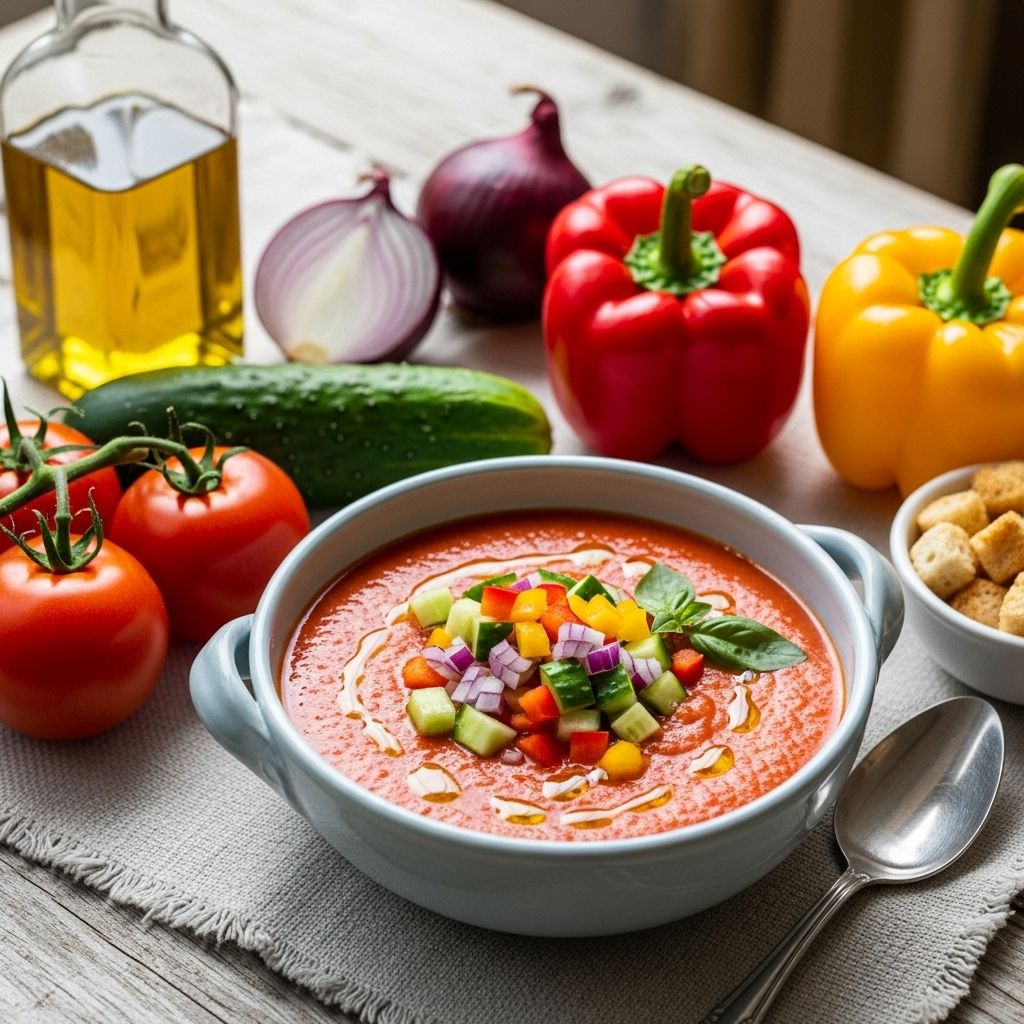 A refreshing blend of ripe produce and zesty spices chilled for bright, tangy enjoyment.