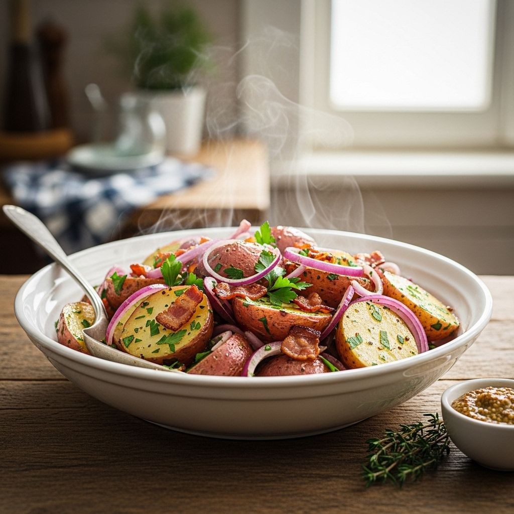 A cozy dish combining smoky bacon, zesty mustard, and hearty morsels for pure comfort.