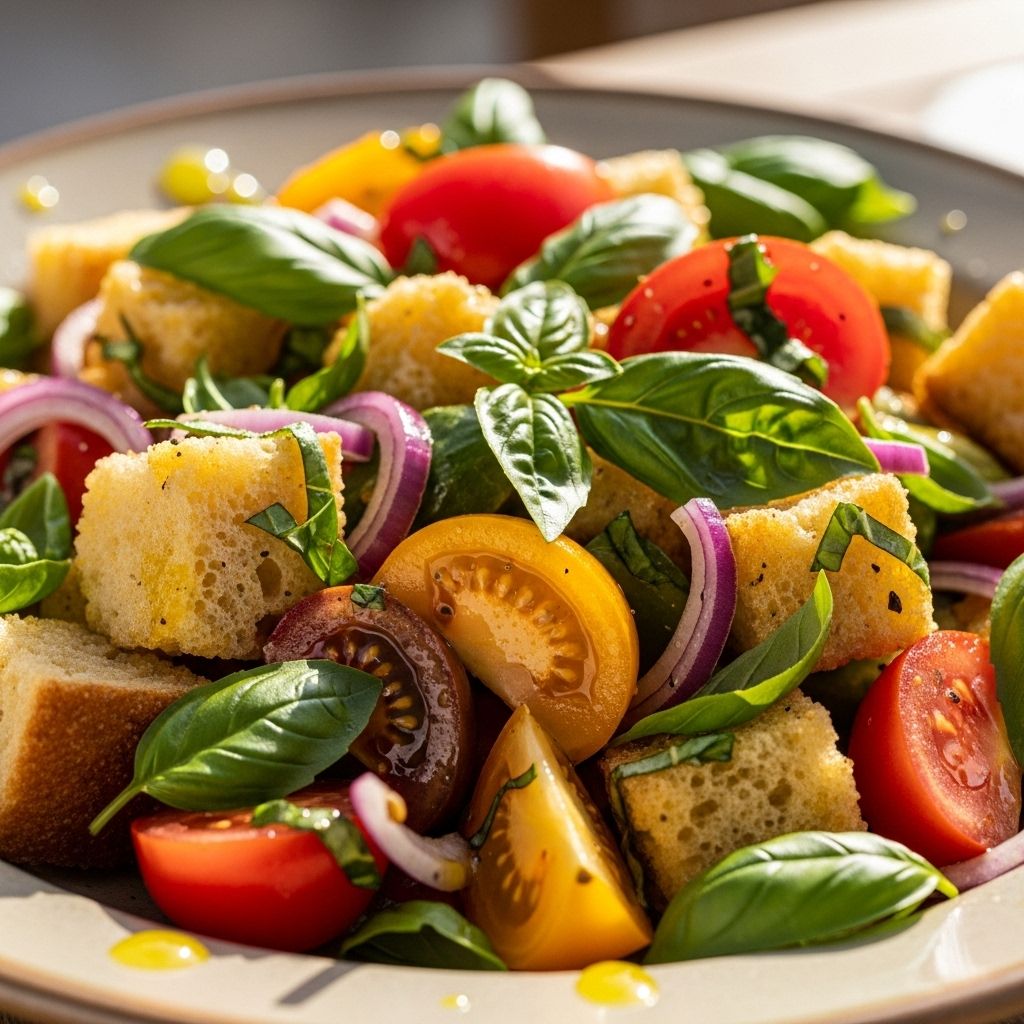 Leftover bread pairs with tomatoes, cucumbers, and basil for a vibrant, flavorful dish.