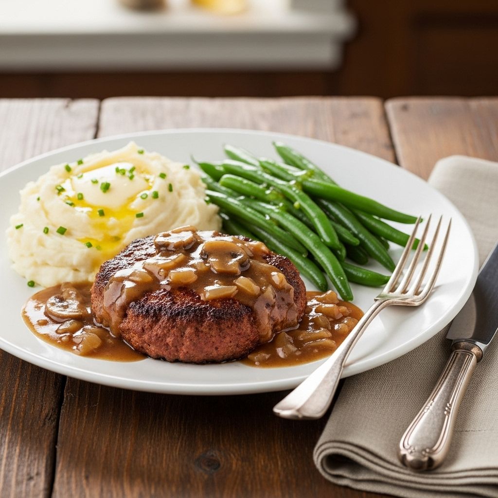 Juicy beef patties and creamy mushroom gravy combine for a dinner that feels like home.