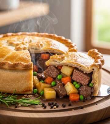 Experience the rich flavors of tender beef and flaky pastry in every slice.