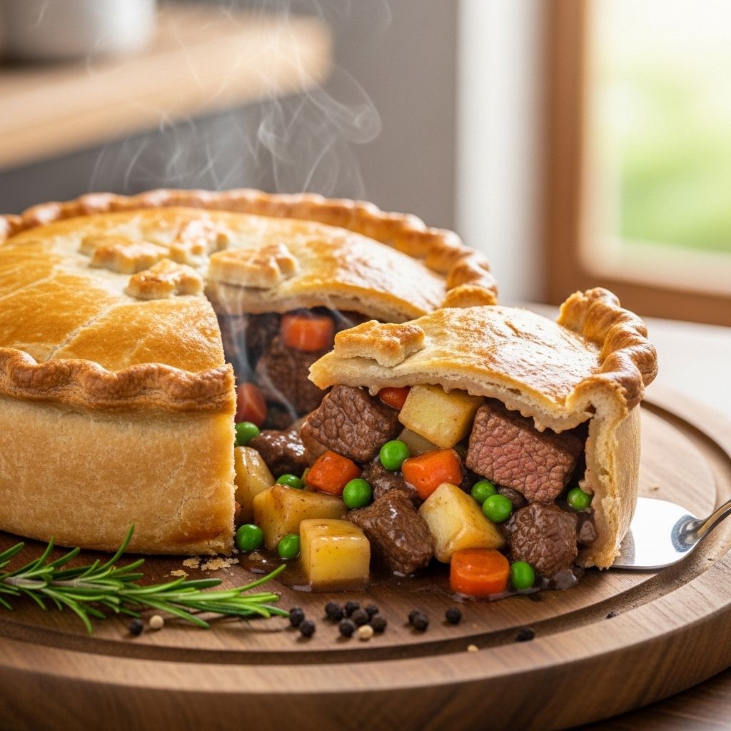 Experience the rich flavors of tender beef and flaky pastry in every slice.
