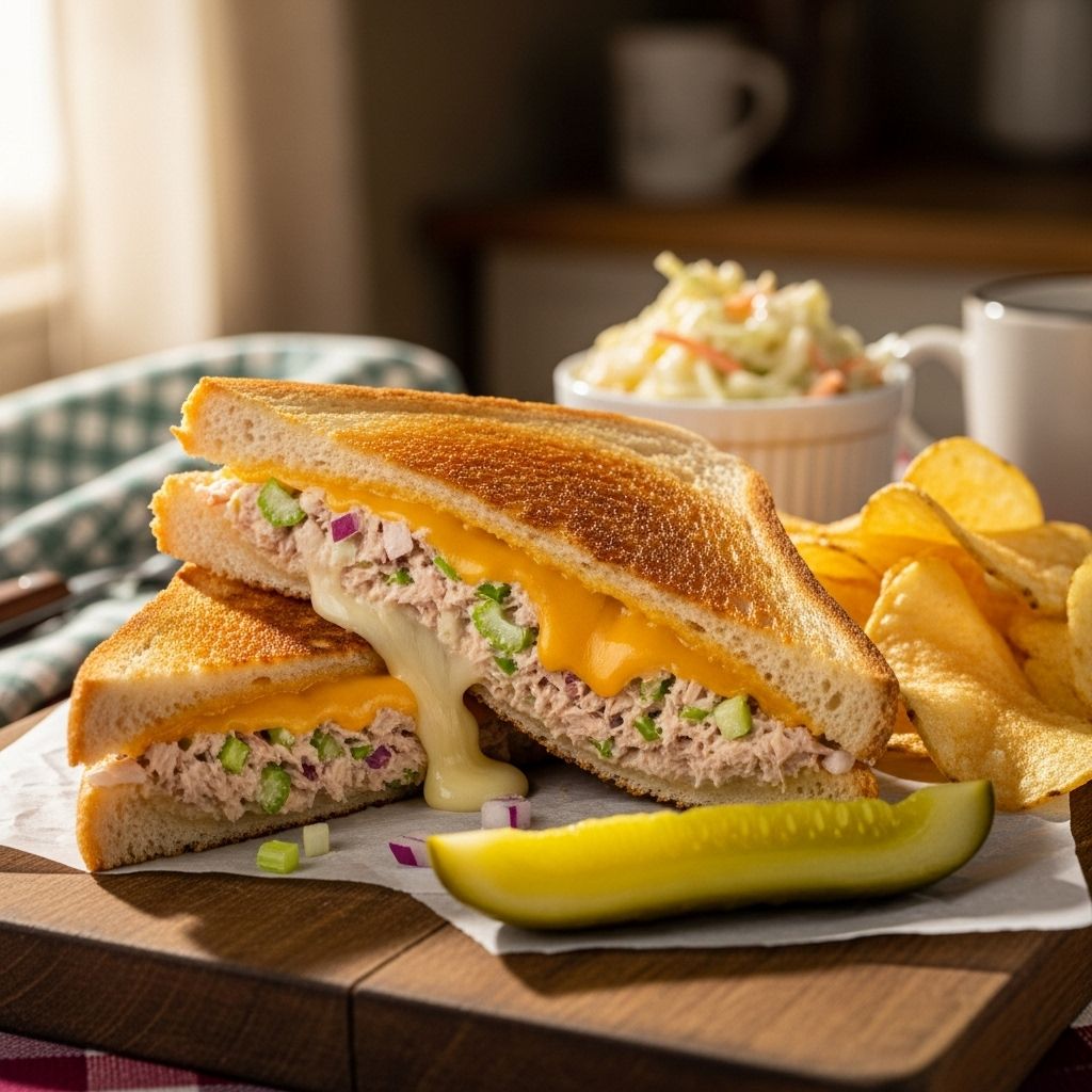 Enjoy creamy tuna salad topped with bubbly, golden cheese for a mouthwatering twist.