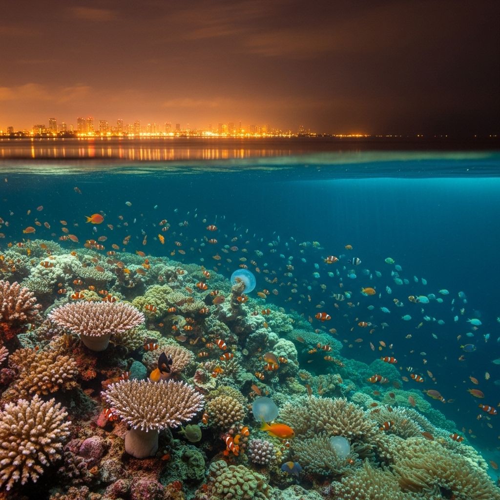 Artificial night lights along coastlines disrupt coral reefs, hindering reproduction and reducing their resilience to environmental stress.