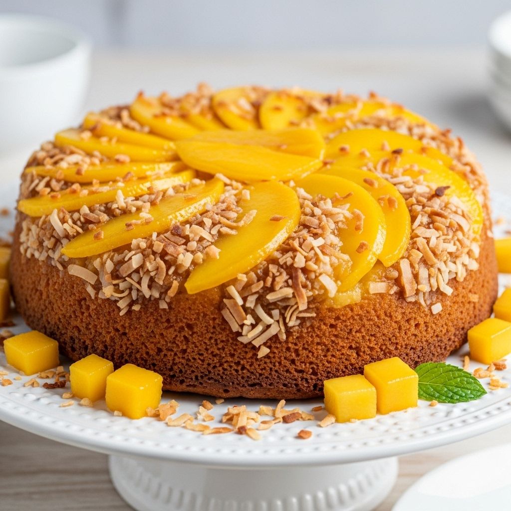 Layered with buttercake and fruit, this dessert shines with a glossy, caramelized allure.
