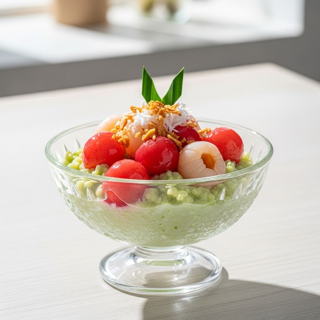 A Creamy Coconut Pandan Rice Pudding with Lychee Compote A make-ahead delight of creamy sweetness and tangy fruit that elevates any meal’s finale.