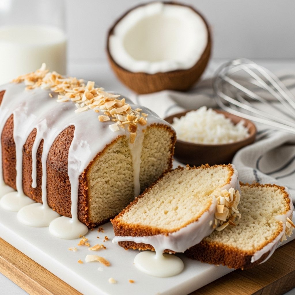 A tender loaf bursting with tropical richness under a creamy, snow-white topping.