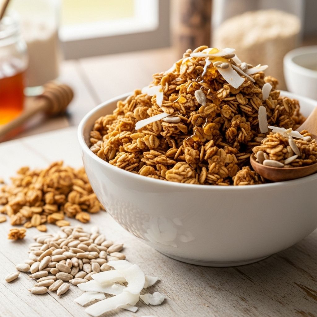 Discover a perfect homemade granola blend of coconut, sunflower seeds, and wholesome nuts for nutritious breakfasts and snacks.